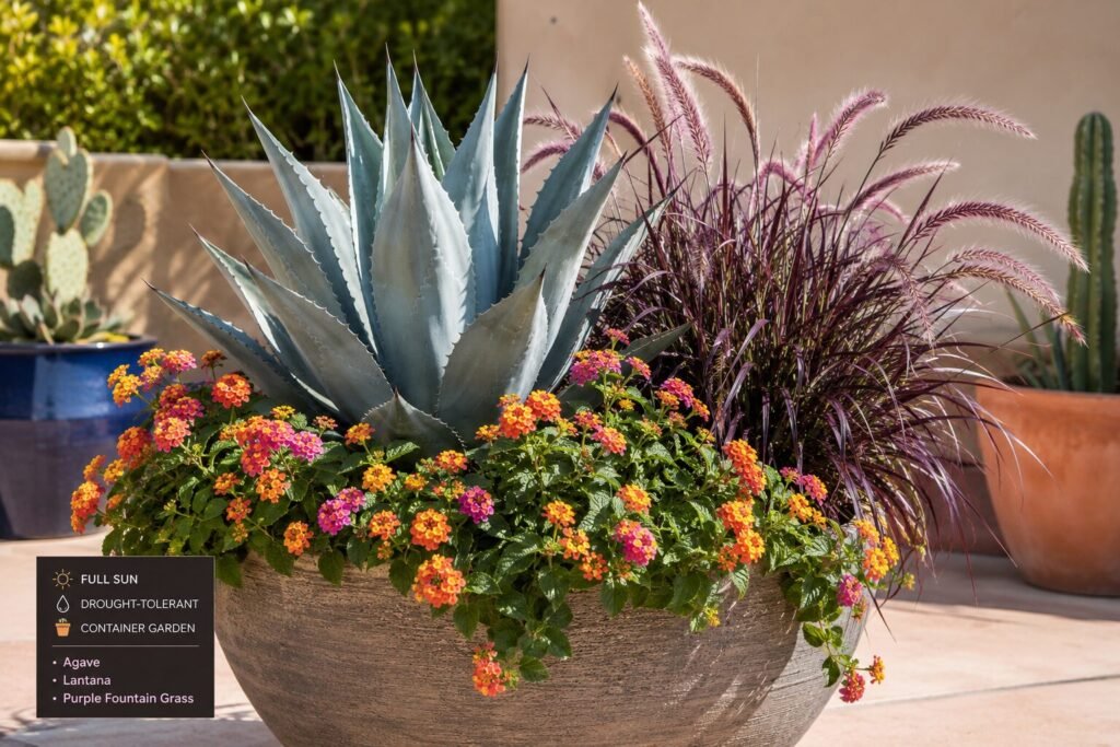 Drought-tolerant container garden with agave, lantana, and purple fountain grass in full sun