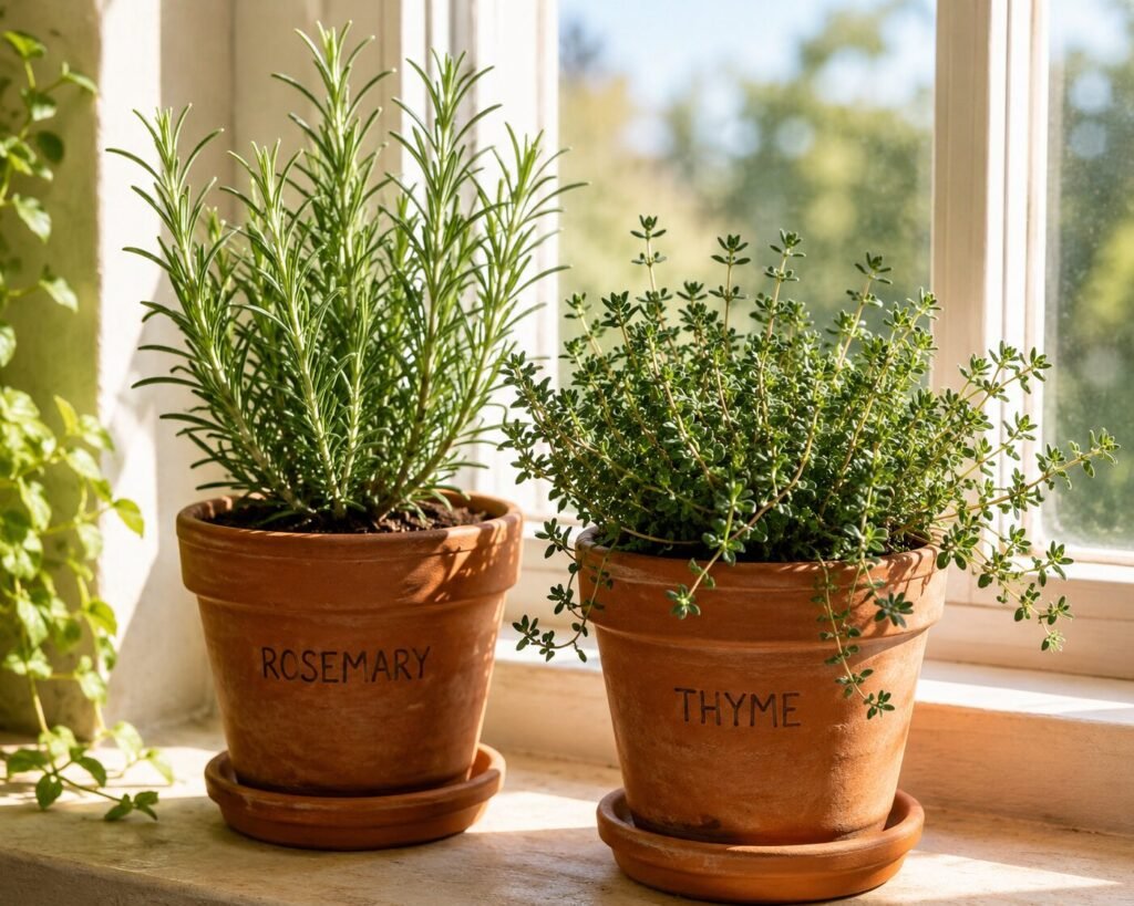 Rosemary and thyme growing in terracotta pots on a sunny windowsil