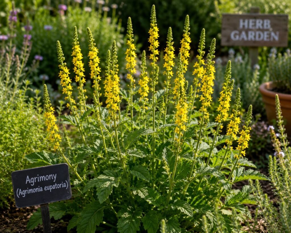 Agrimony herb with tall yellow flower spikes growing in a sunny herb garden