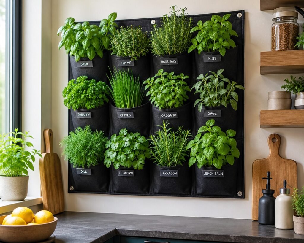 Vertical Herb Garden Indoor mounted on a kitchen wall with multiple herb pockets