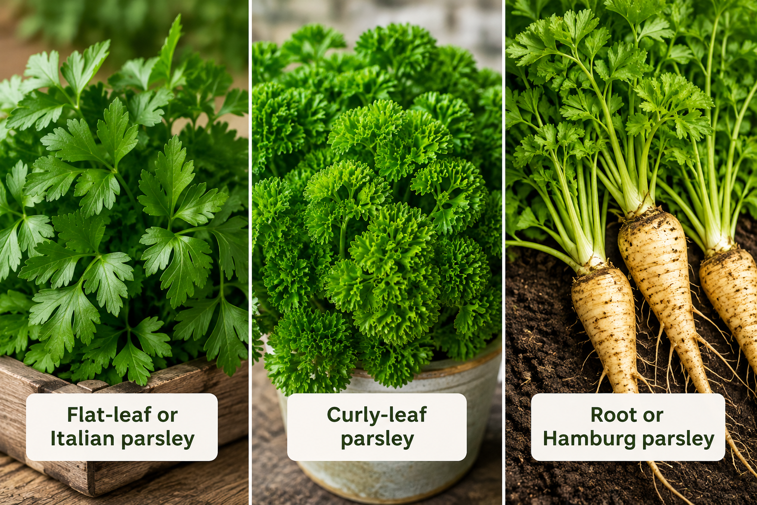 Three types of parsley: flat-leaf Italian, curly-leaf, and Hamburg root parsley